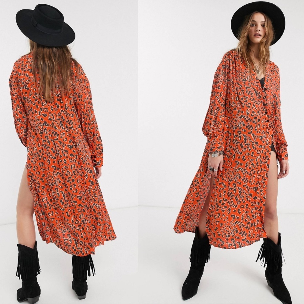 Free People Cest Moi Side Slit Boho Midi Dress in Orange Leopard Print Size XS